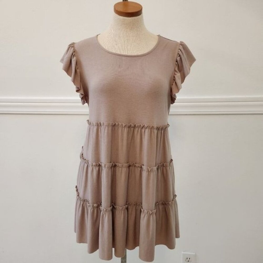Zenana Ash Mocha Tiered Mini Dress Flutter Sleeve Tan Sleeveless Size Medium - Picture 5 of 12